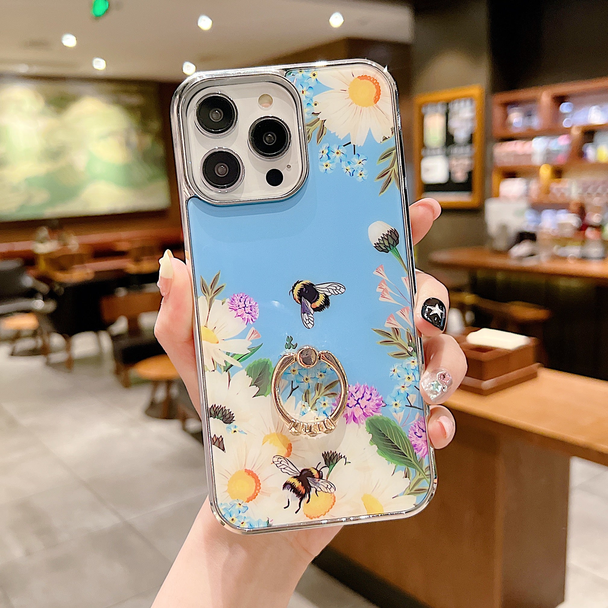 Uniqkart for iPhone 14 Pro Ring Kickstand Anti-fall Phone Case IMD Flower Pattern Electroplating PC+TPU Cover - Style A Uniqkart for iPhone 14 Pro Ring Kickstand Anti-fall Phone Case IMD Flower Pattern Electroplating PC+TPU Cover - Style A